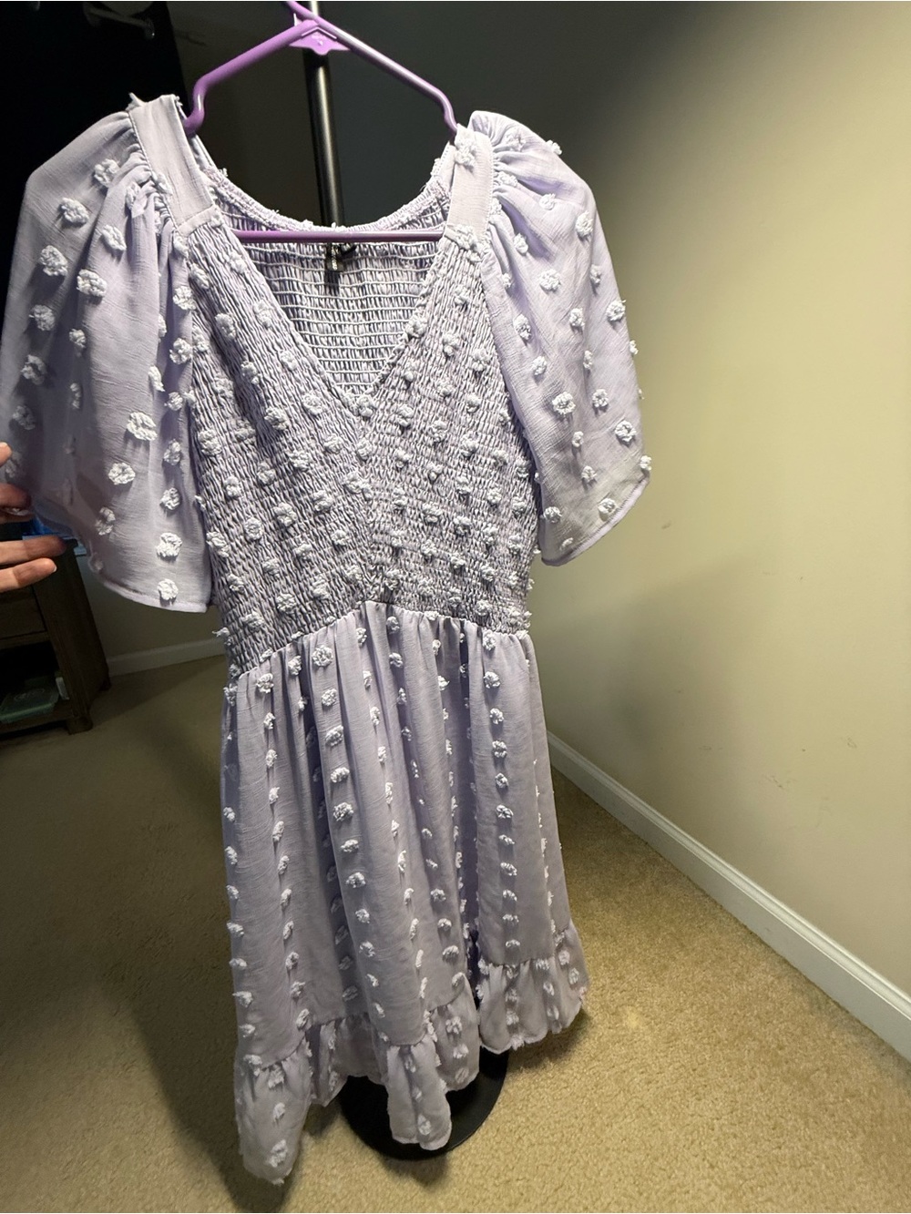 Lavender Textured Mini Dress - Smocked V-Neck